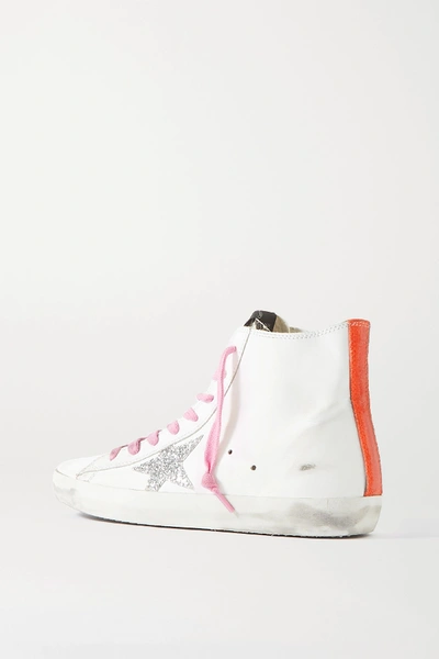 Shop Golden Goose Francy Glittered Distressed Leather And Suede High-top Sneakers In White