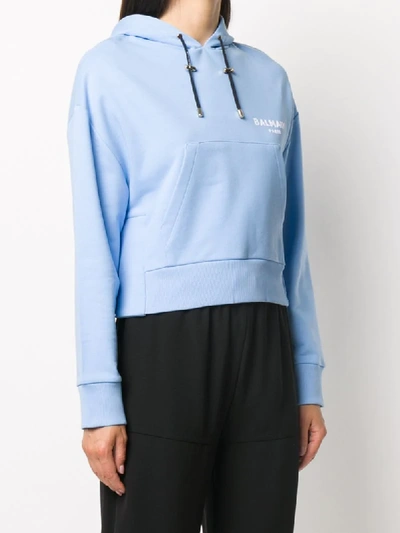 Shop Balmain Logo-print Drawstring Hoodie In Blue