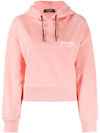 Shop Balmain Logo-print Drawstring Hoodie In Pink