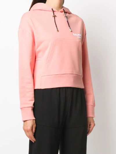 Shop Balmain Logo-print Drawstring Hoodie In Pink