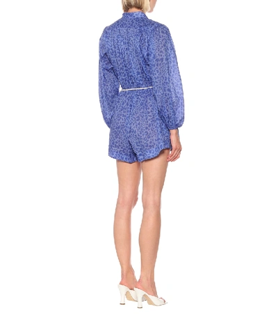 Shop Zimmermann Leopard-print Linen Playsuit In Blue