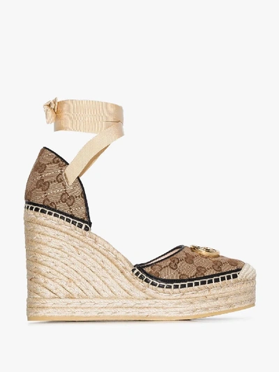 Shop Gucci Beige Pilar 85 Logo Espadrille Wedge Sandals In Neutrals