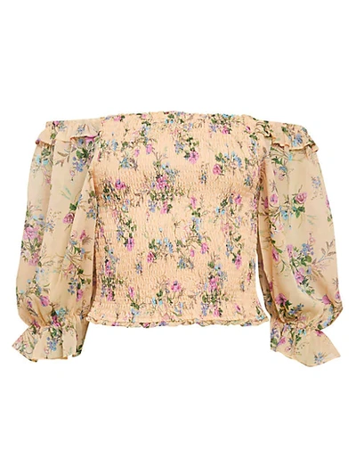 Shop Allison New York Smocked Floral Puff-sleeve Crop Top In Peach Floral