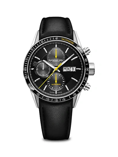 Shop Raymond Weil Freelancer Chronograph Stainless Steel And Leather-strap Watch In Black