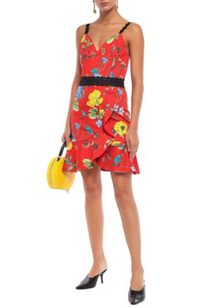 Shop Alice And Olivia Kirby Seine Garden Ruffled Floral-print Cotton-blend Mini Dress In Red