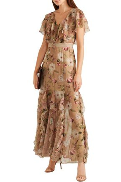 Shop Alice And Olivia Cassidy Ruffled Floral-print Silk-georgette Maxi Dress In Sand