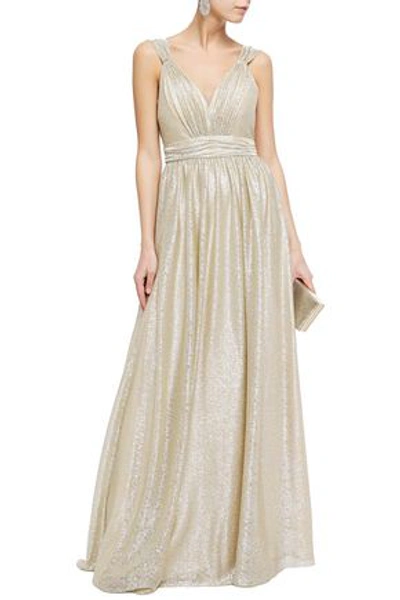 Shop Catherine Deane Caterina Pleated Metallic Coated Knitted Gown In Platinum