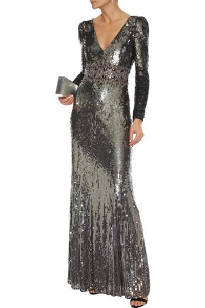 Shop Jenny Packham Fluted Crystal-embellished Sequined Tulle Gown In Gunmetal