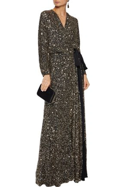 Shop Jenny Packham Bow-detailed Sequined Tulle Wrap Gown In Black