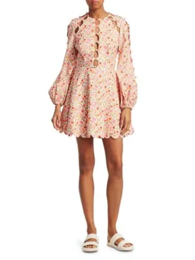 Shop Zimmermann Goldie Scalloped Puff-sleeve Mini Dress In Coral Blossom