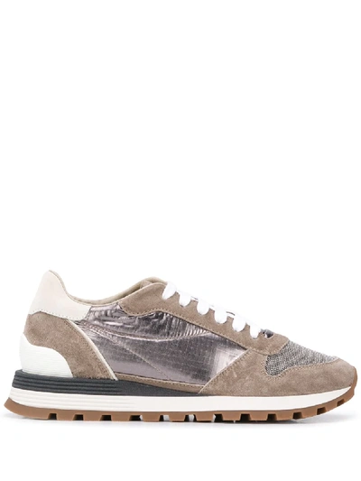 Shop Brunello Cucinelli Metallic Lace-up Trainers In Grey