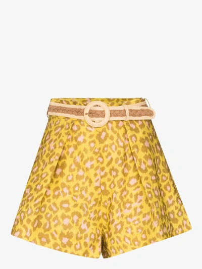 Shop Zimmermann Carnaby Leopard Print Linen Shorts In Yellow