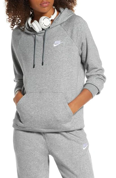 Shop Nike Sportswear Essential Pullover Fleece Hoodie In Dk Grey Heather/ White