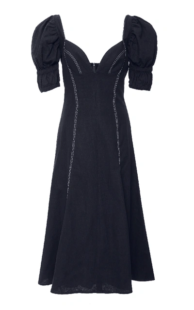 Shop Andres Otalora Valdehoyos Linen Midi Dress In Navy