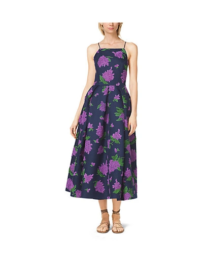 Shop Michael Kors Lilac-embroidered Silk And Wool Mikado Dress In Blue