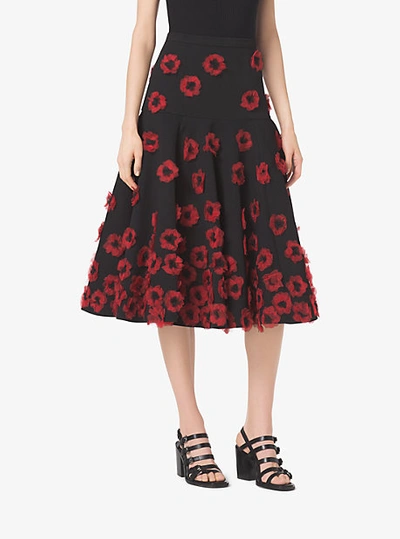 Shop Michael Kors Poppy-embroidered Cotton-matelassé Skirt In Black