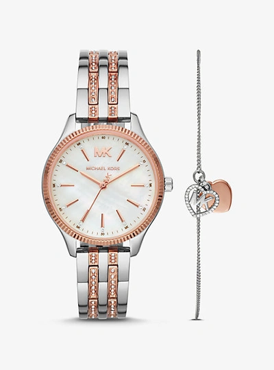 Shop Michael Kors Lexington Two-tone Watch And Logo Heart Bracelet Set In Silver