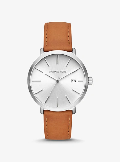 Shop Michael Kors Blake Silver-tone And Leather Watch In Brown