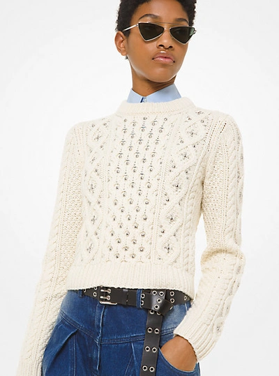 Shop Michael Kors Studded Hand-knit Cable Cashmere Sweater In Natural