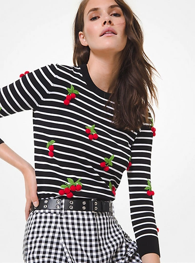 Shop Michael Kors Cherry Embroidered Striped Cotton Sweater In Black