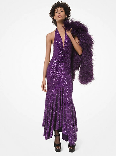 Shop Michael Kors Sequined Stretch Matte-jersey Handkerchief Dress In Purple