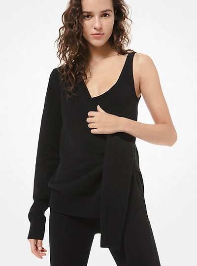 Shop Michael Kors Cashmere Asymmetric Tie-sleeve Wrap Sweater In Black