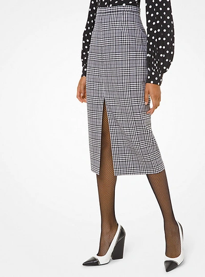 Shop Michael Kors Glen Plaid Wool Slit-front Pencil Skirt In Black