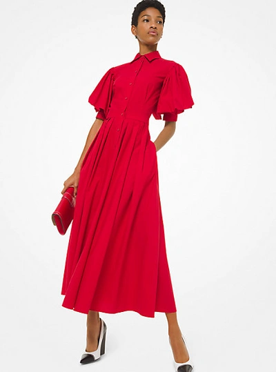 Shop Michael Kors Poplin Puff-sleeve Shirtdress In Red