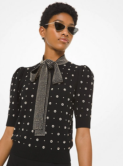 Shop Michael Kors Studded Cashmere Tie-neck Sweater In Black