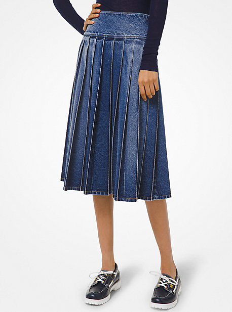 denim pleated midi skirt