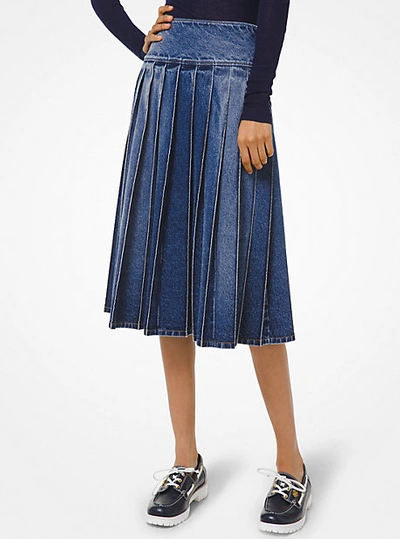 Shop Michael Kors Denim Pleated Skirt In Blue