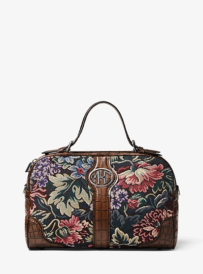 Shop Michael Kors Monogramme Floral Tapestry And Embossed Leather Duffle Bag In Brown