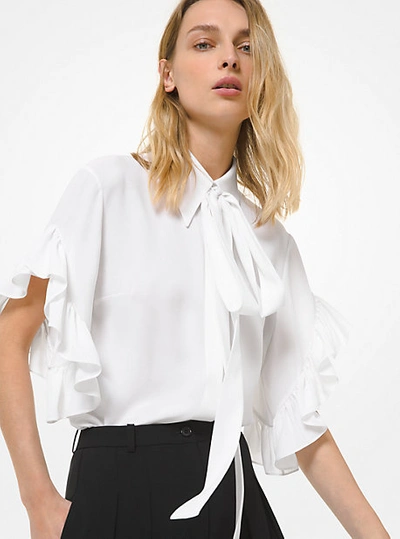 Shop Michael Kors Silk Georgette Ruffled Tie-neck Blouse In White