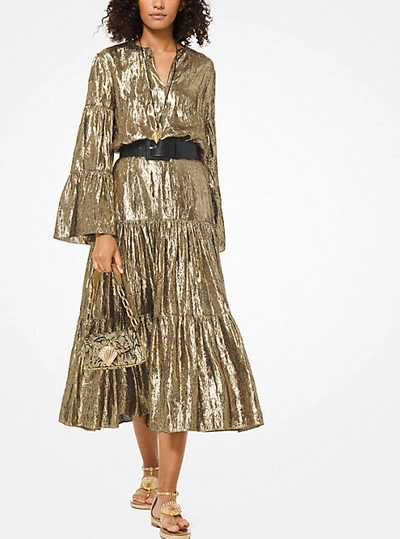 Shop Michael Kors Crushed Silk Lamé Tiered Skirt In Gold