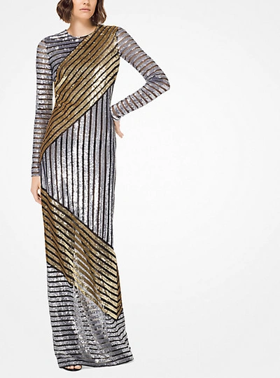 Shop Michael Kors Stripe Sequined Stretch-tulle Gown In Black