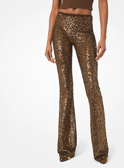 Shop Michael Kors Sequined Stretch-tulle Flared Pants In Brown