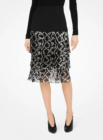 Shop Michael Kors Fringed Python Double Crepe-sable Skirt In Black