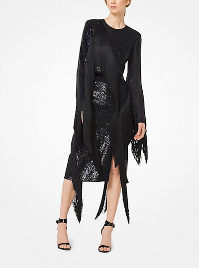 Shop Michael Kors Sequined Fringed Stretch-cady Dress In Black