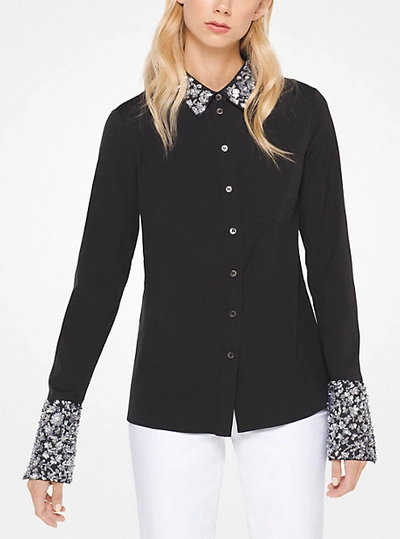 Shop Michael Kors Floral Sequined Cotton-poplin Shirt In Black
