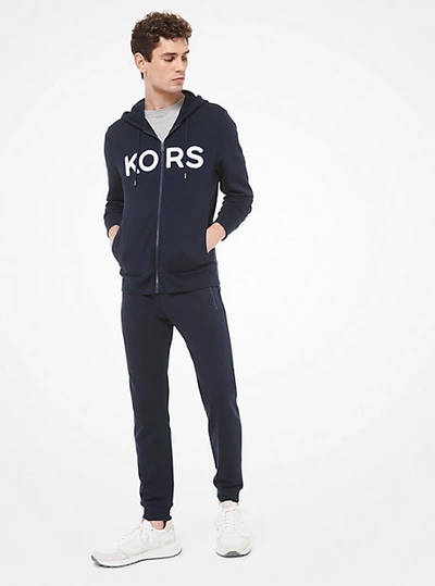 Shop Michael Kors Logo Cotton Blend Zip-up Hoodie In Blue