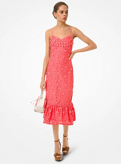 Shop Michael Kors Embellished Corded Lace Ruffle-hem Dress In Pink