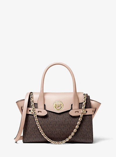 Shop Michael Kors Carmen Small Logo And Leather Belted Satchel In Brown