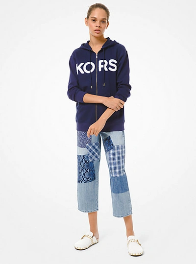 Shop Michael Kors Logo Cotton Zip-up Hoodie In Blue