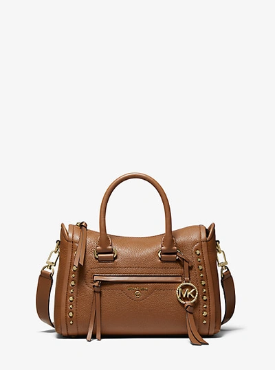 Shop Michael Kors Carine Small Studded Pebbled Leather Satchel In Brown