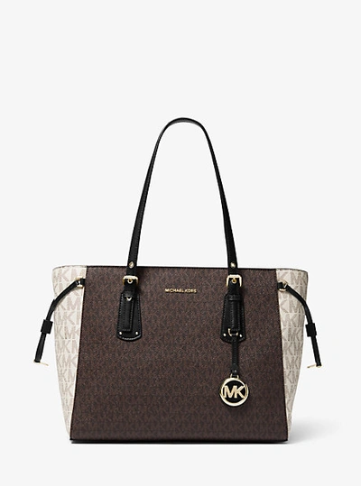 Shop Michael Kors Voyager Medium Color-block Logo Tote Bag In Brown