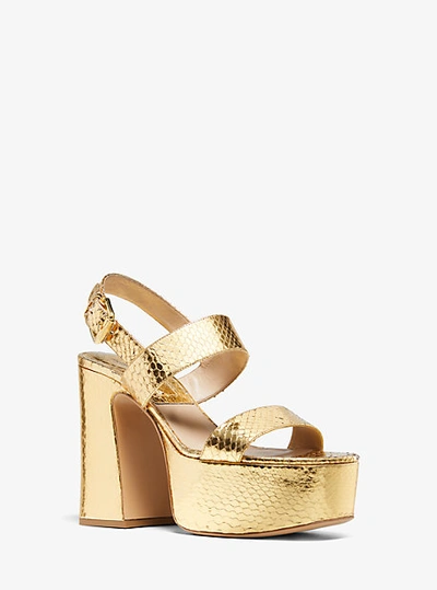 Shop Michael Kors Blaire Metallic Snakeskin Platform Sandal In Gold
