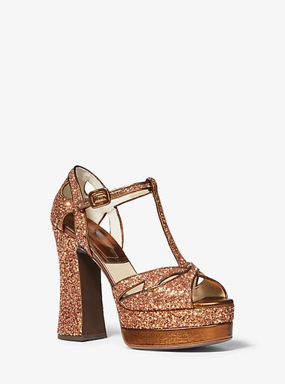 Shop Michael Kors Shirley Glitter And Nappa Leather Platform Sandal In Brown