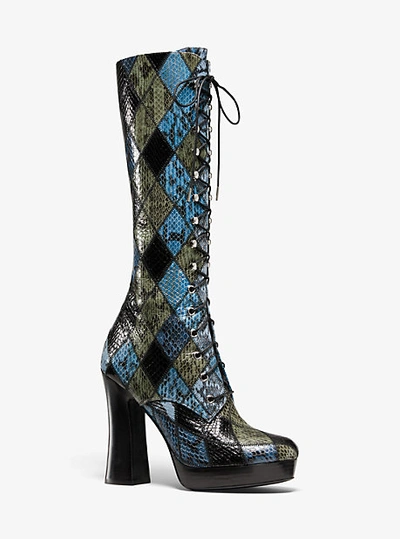 Shop Michael Kors Deandra Patchwork Snakeskin Platform Boot In Blue