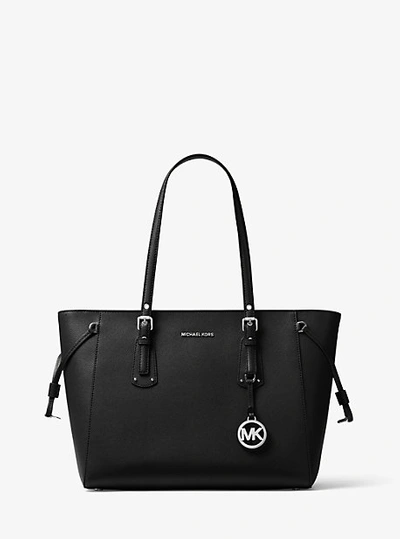 Shop Michael Kors Voyager Medium Crossgrain Leather Tote Bag In Black