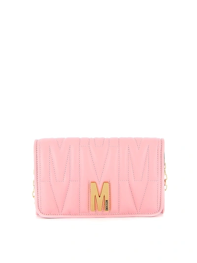 Shop Moschino M Logo Pink Quilted Leather Wallet
